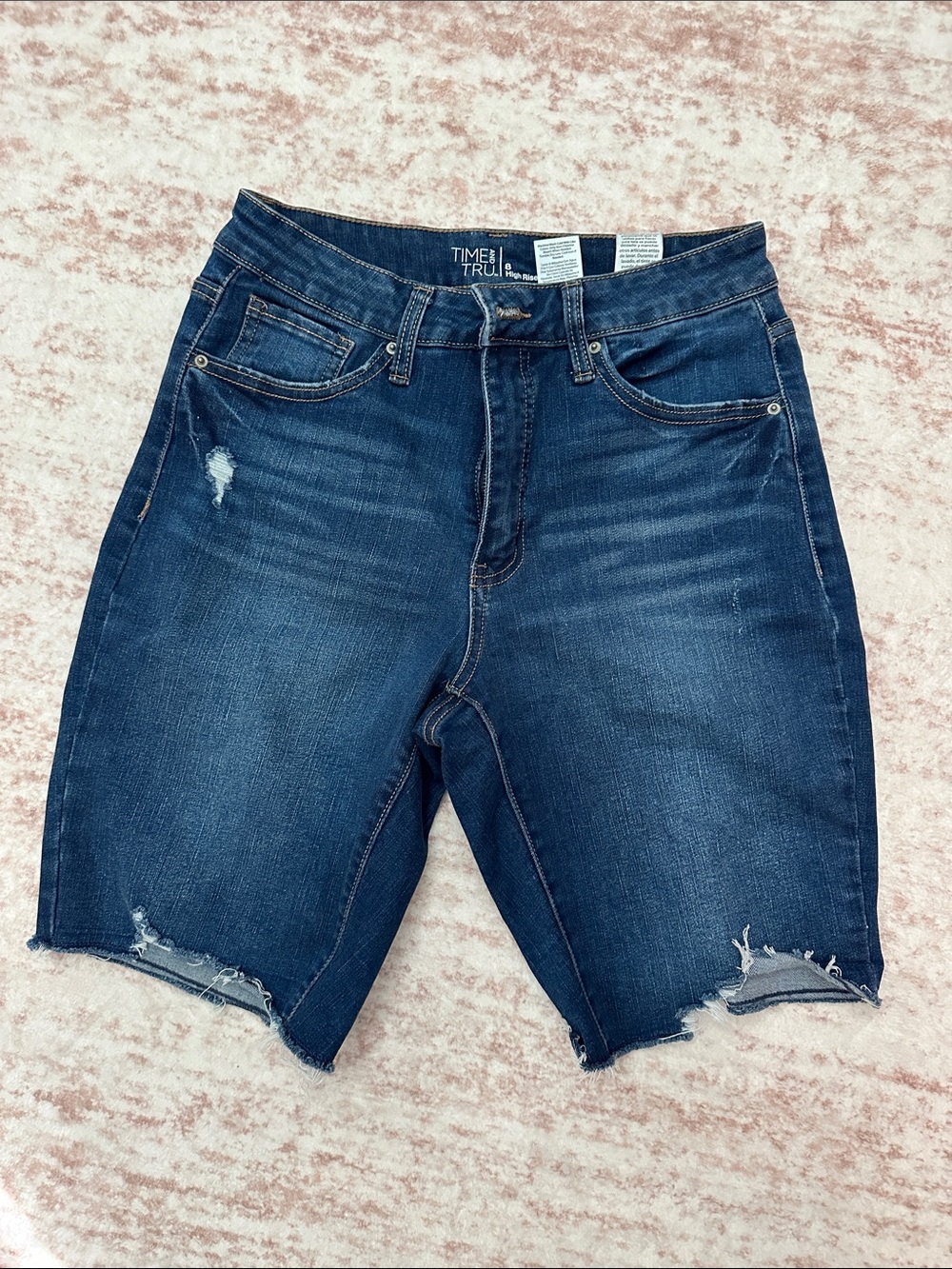 Time and Tru Dark Blue Distressed Denim Bermuda Shorts